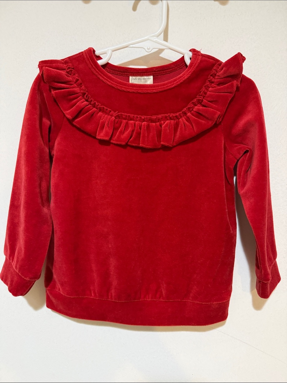 Girls' Red Velour Ruffle Long-Sleeve Top